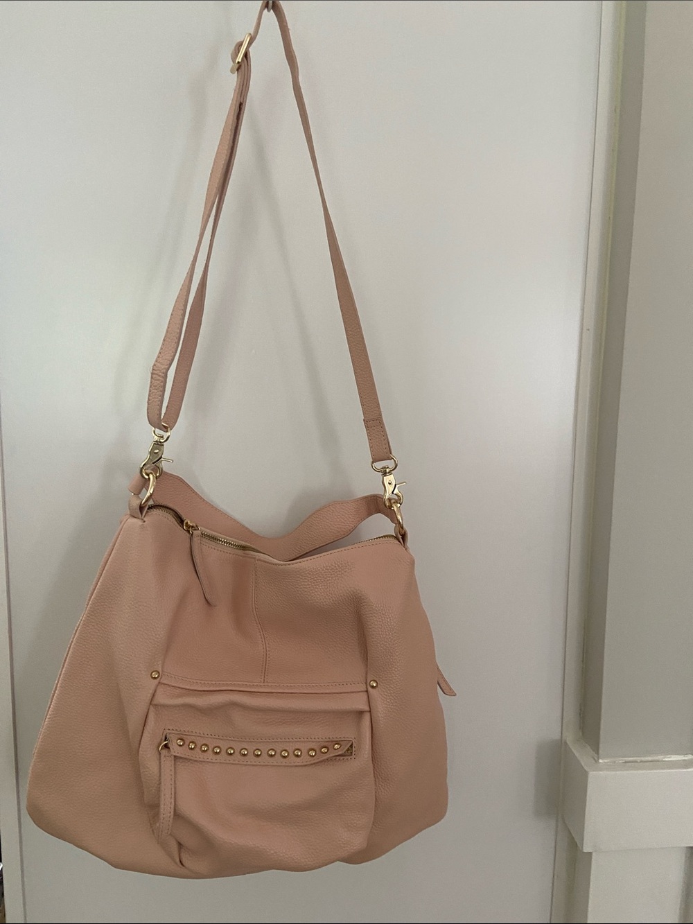 LAGGO Blush Pink Pebbled Leather Shoulder Bag with Studded Front Pocket